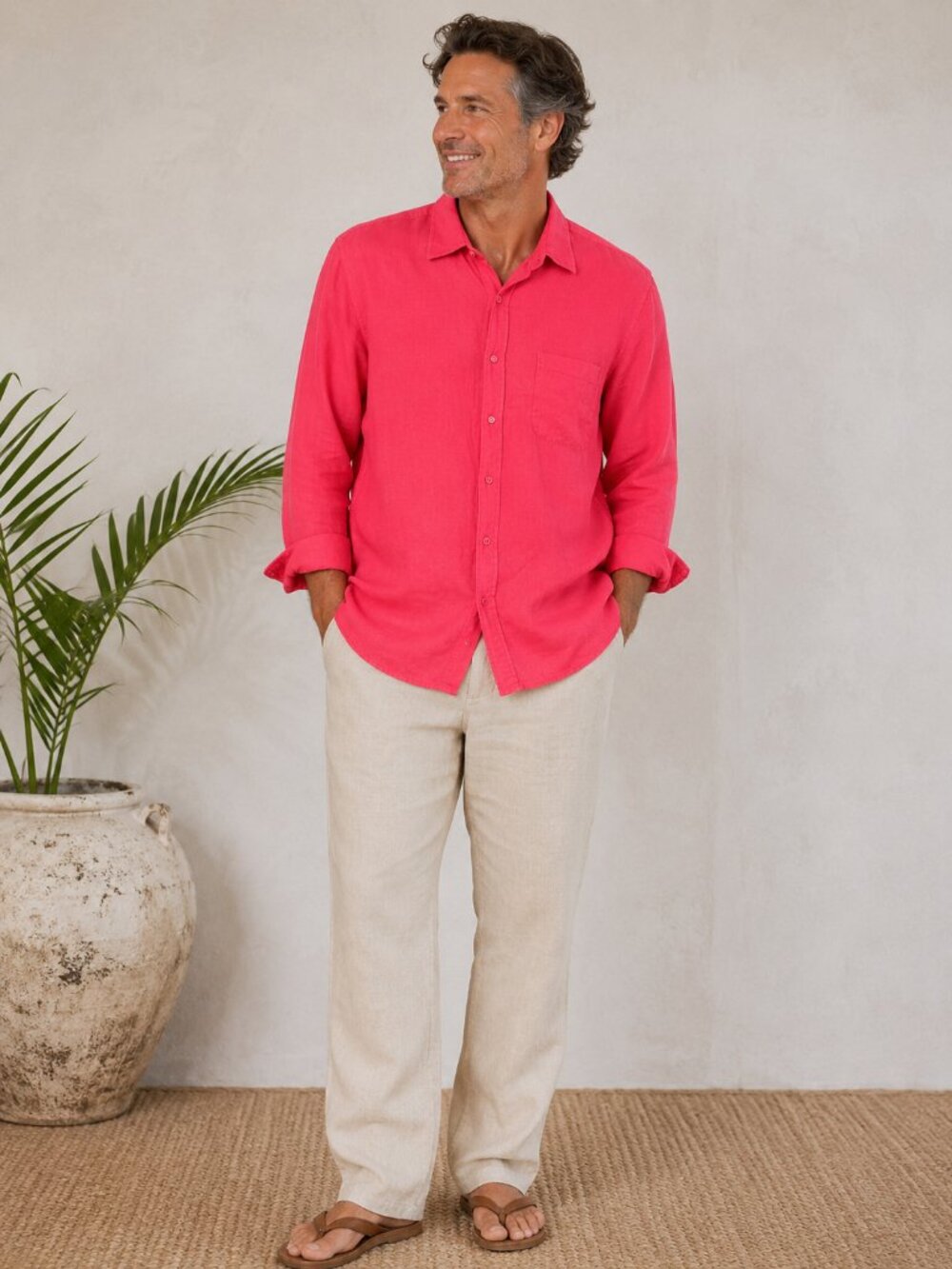 BNWT JOSEPH ABBOUD 100% Linen Button Up Shirt Red Mens XL Vacation Summer Beachy